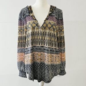 Lucky Brand Size L Boho Hippy Multi-Colored Earth Tones Frilly V Neck Lined Blou